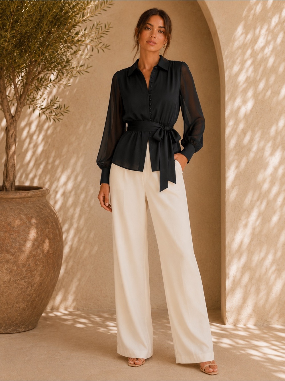 Commense Black Sheer Satin Tie-Waist Shirt XS | Office Siren Blouse